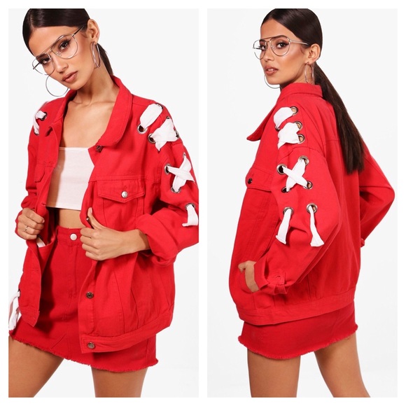 Boohoo Jackets & Blazers - Stephanie Eyelet Lace-Up Oversized Denim Jacket